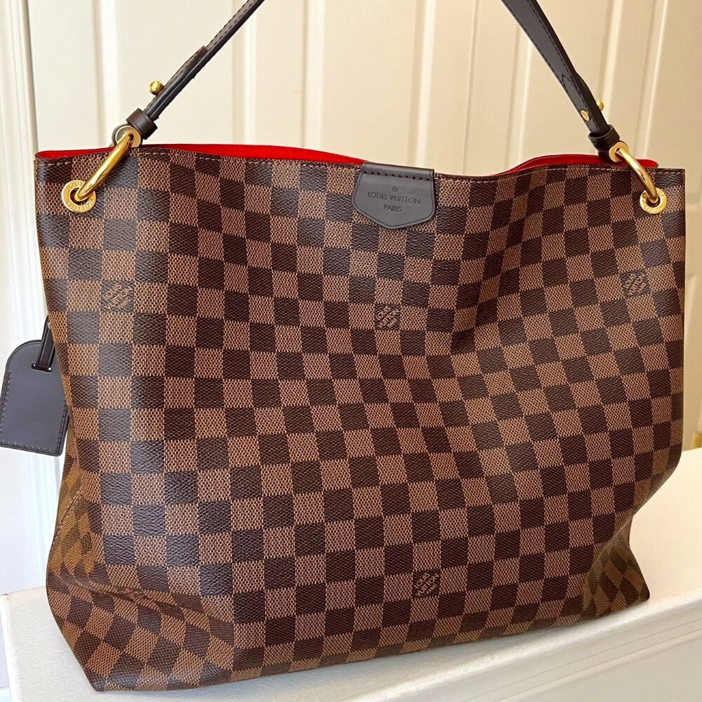 Louis Vuitton Brown Damier Ebene Tote with Red Trim